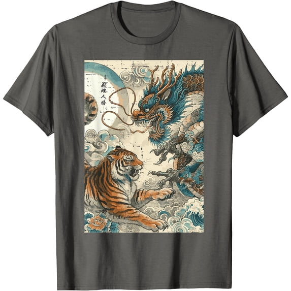 Japanese Tiger Fighting Dragon Vintage Art Softstyle Unisex T-Shirt,Charcoal Color,Size YS