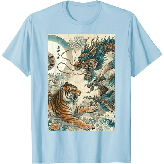 Japanese Tiger Fighting Dragon Vintage Art Softstyle Unisex T-Shirt,Light Blue Color,Size 4XL