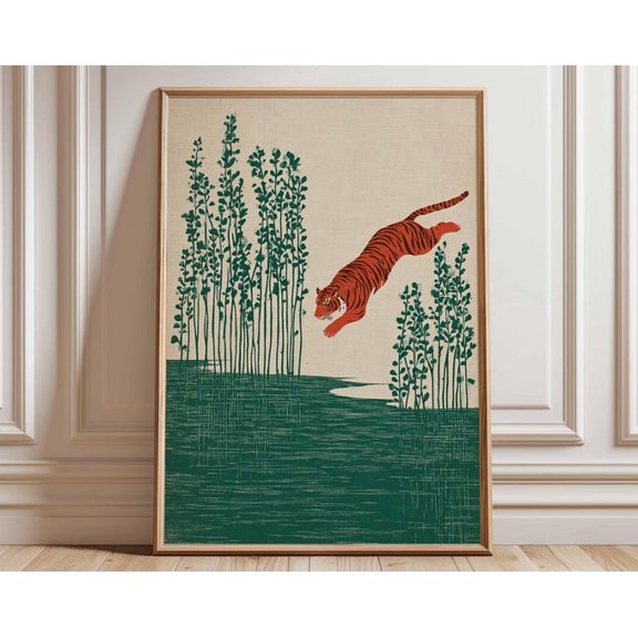 Japanese Tiger Minimalist Jungle Nature Wall Art Print, Unframed Paper Poster 24x36in