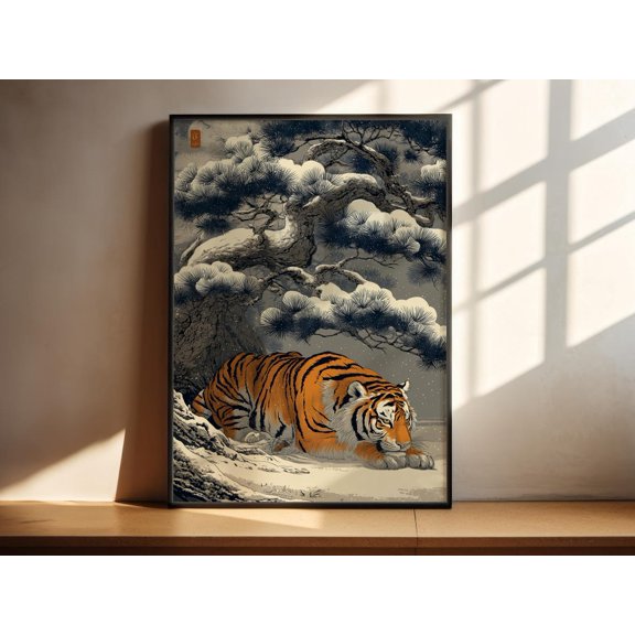 Japanese Tiger Print Woodblock Wall Art Snow Pine Tree Resting Tiger, Unframed Paper Print