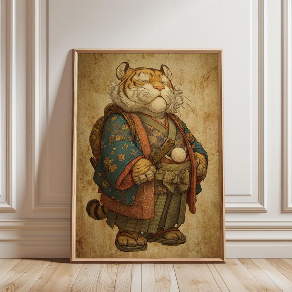 Japanese Tiger Samurai Ukiyoe Style Wall Art Print Ornate Kimono Warrior Decor, Unframed Paper Print