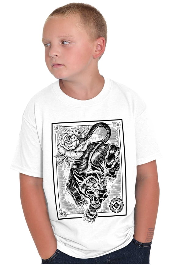 Japanese Tiger Tattoo Line Art Crewneck T Shirts Boy Girl Teen Brisco Brands X