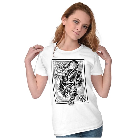 Japanese Tiger Tattoo Line Art Womens Slim Fit Graphic Tee Brisco Brands L