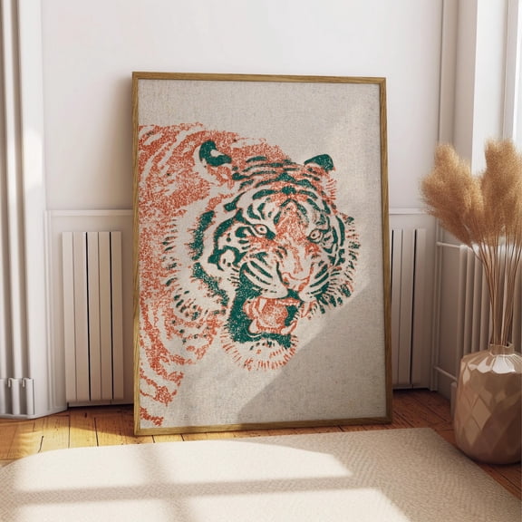 Japanese Tiger Vintage Roaring Tiger Retro Orange Green Bold Woodblock Animal Big Cat Poster Unframed Paper Print