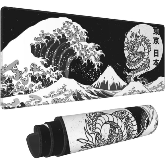 Japanese Tokyo Black and White Dragon Kanagawa Great Wave Waves Sea Gaming Keyboard Mouse Pad Mousepad Huge Extended XL Stitched Edge Rubber Sole for Home Office(31.5"X 11.8")