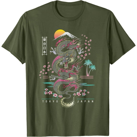 Japanese Tokyo Fuji Mt Sakura Dragon Asian inspired retro 80’s style Unisex T-Shirt for Men Women Kids Toddler,Military Green Color,Size YS