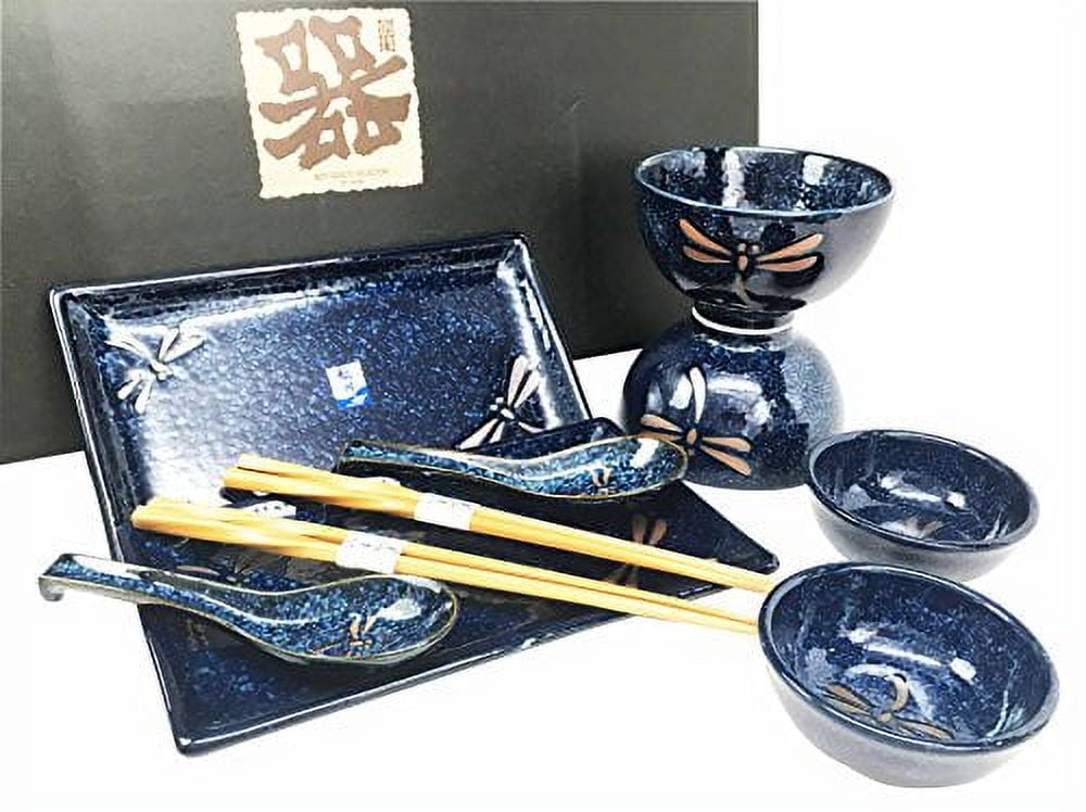 Free Shipping! Japanese Tombo Dragonfly Blue Motif Ceramic Sushi