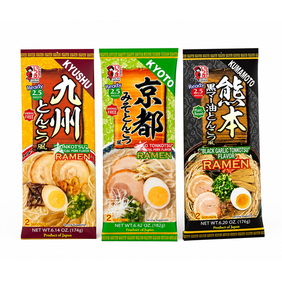Japanese Tonkotsu Ramen Variety Pack, Kyushu, Kyoto Miso & Kumamoto Black Garlic, 3 Packs, 6 Servings, Product of Japan