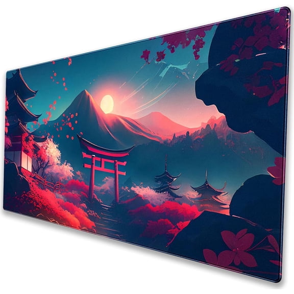 Japanese Torii Gate Fuji Sunrise Desk Mat Extended Gaming Mousepad red Japanese torii gate with Mount Fuji sunrise, pagoda temple & sakura leaves print. 35.4" × 15.7"