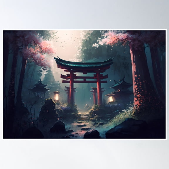 Japanese Torii Gate In Sakura Forest Poster Wall Art, Modern Wall Decor, 8x12 UNFRAMED