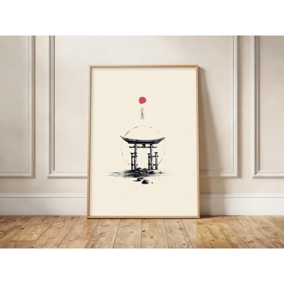 Japanese Torii Gate Print Zen Ink Brush Art Red Sun Enso Circle Meditation Decor, Unframed Paper Print