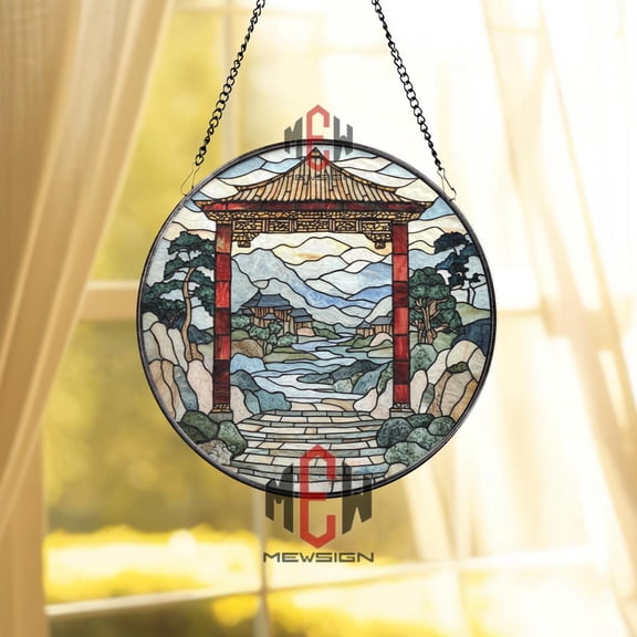 Japanese Torii Gate Stained Glass Suncatcher, Zen Garden Landscape Glass Art, Oriental Window Hanging, Tranquil Asian Home Decor