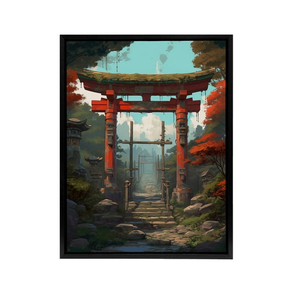 Japanese Torii Gate To Shinto Shrine Black Framed Canvas Wall Art Print 24X32"