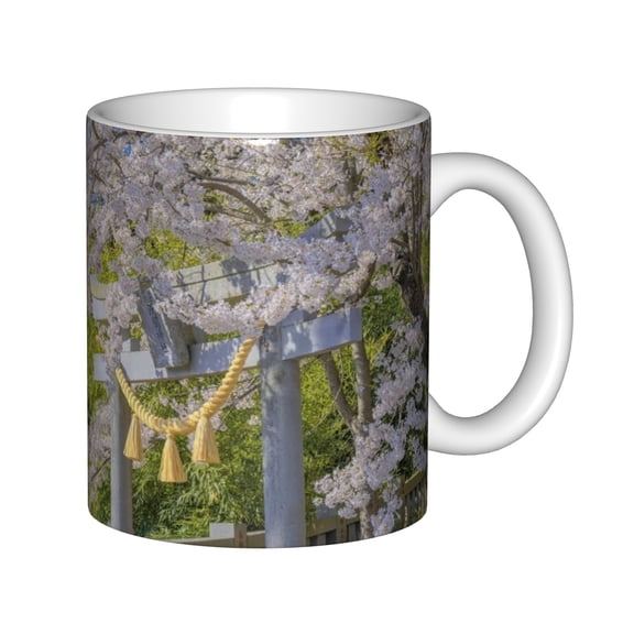 Japanese Torii Gate and Cherry Blossom Ceramic Coffee Mug, 11oz White Tea Cup for Office and Home, Japanese Garden Gift