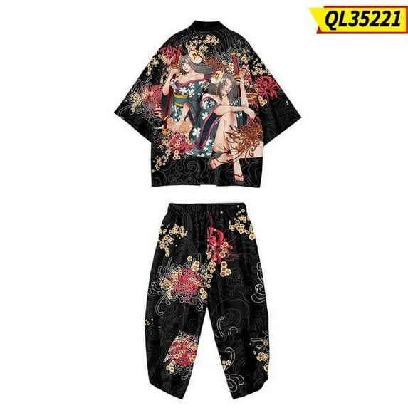 Japanese Traditional Clothing Invincible Print Kimono Pants Men Retro Yukata Asian Fashion Tang Suit Harajuku Hanfu Yukata Jacke