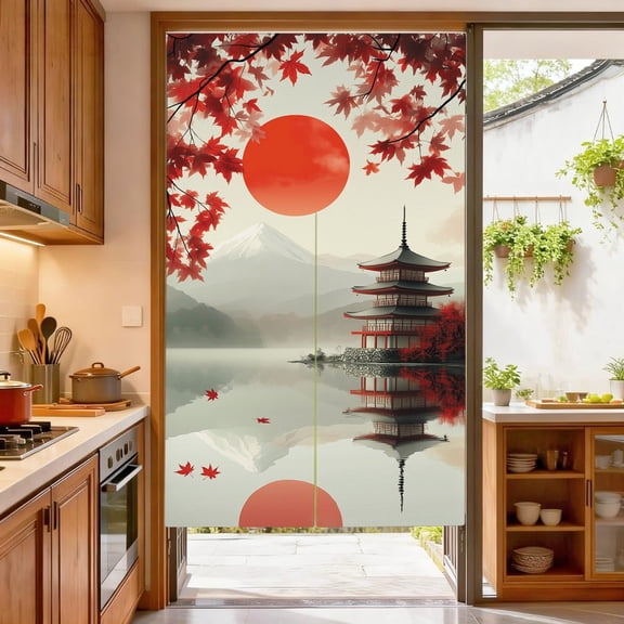 Japanese Traditional Ink Painting Doorway Curtain,Red Sun Fuji Mountain Tapestry for Wall Hanging,33.5 x 59 inch