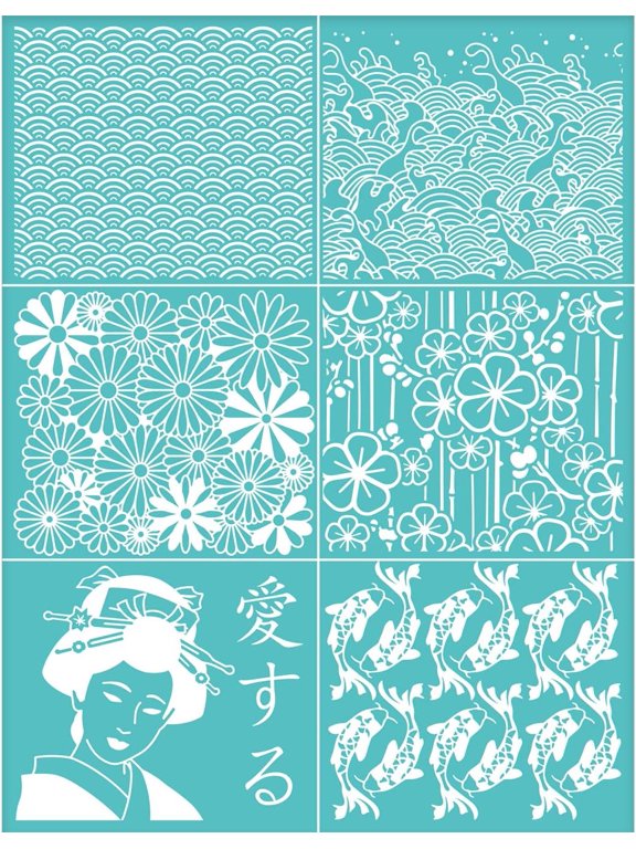 Japanese Traditional Style Self-Adhesive Silk Screen Printing Stencil Oriental Theme Mesh Transfers Silk Screen Reusable Stencil for Painting on Wood T-Shirt Fabric Bags - 11x8.5 Inch DIY