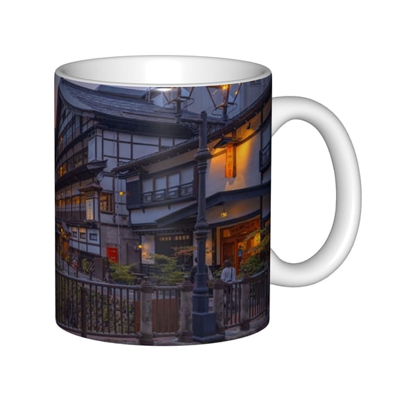 Japanese Traditional Town Print White 11oz Mug, Scenic Street View Coffee Cup for Daily Use & Gift