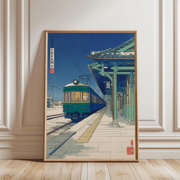 Japanese Train Blue Railway Station Woodblock Style Art Unframed Paper Print