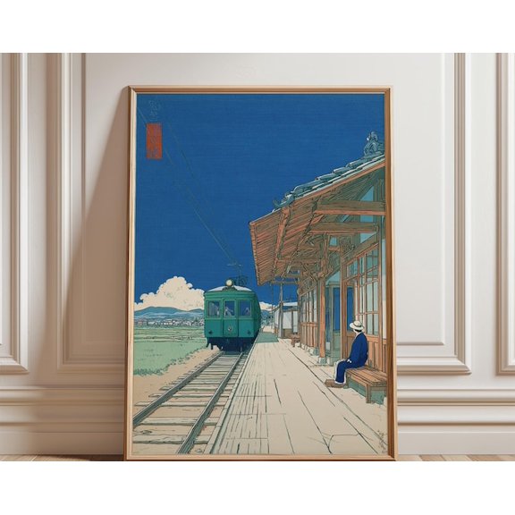 Japanese Train Rural Station Platform Scene Woodblock Style Railway Wall Art, Unframed Paper Poster 8x10in