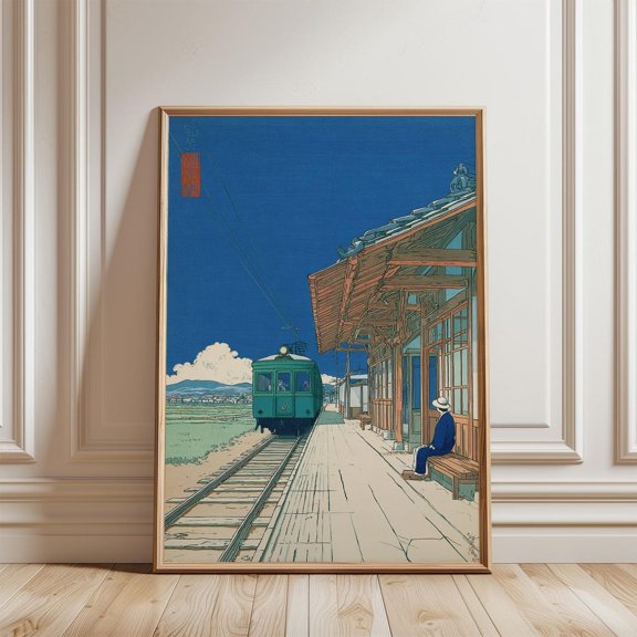 Japanese Train Rural Station Platform Woodblock Style Railway Art Unframed Paper Print