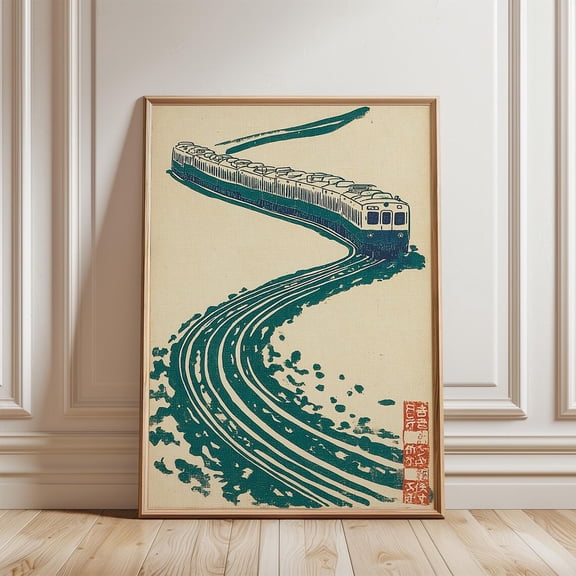 Japanese Train Teal Woodblock Railway Curved Track Illustration, Stretched Canvas 8x10in
