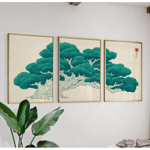 Japanese Tree Botanical Triptych Art Set 3 Stretched Canvas 16x24
