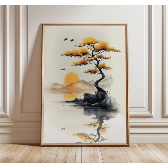 Japanese Tree Minimalist Zen Sunset Landscape Oriental Nature Calm Reflection Decor Artwork, Stretched Canvas