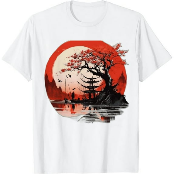 Japanese Tree Red Moon With Birds Flying in background T-Shirt
