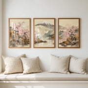Japanese Triptych Wall Art Sakura Cherry Blossom & Mount Fuji Prints Japandi Zen Decor Panels Minimalist Asian Landscape Set 3
