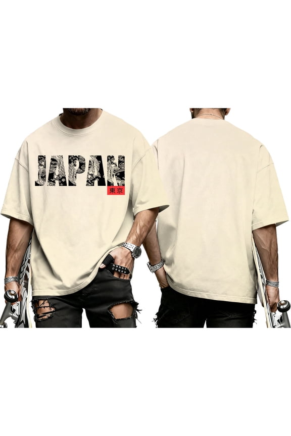 Japanese Tshirt Men Japan Tokyo Short Sleeve Oversized Crewneck Cotton Graphic Tees Summer Tops for Travel