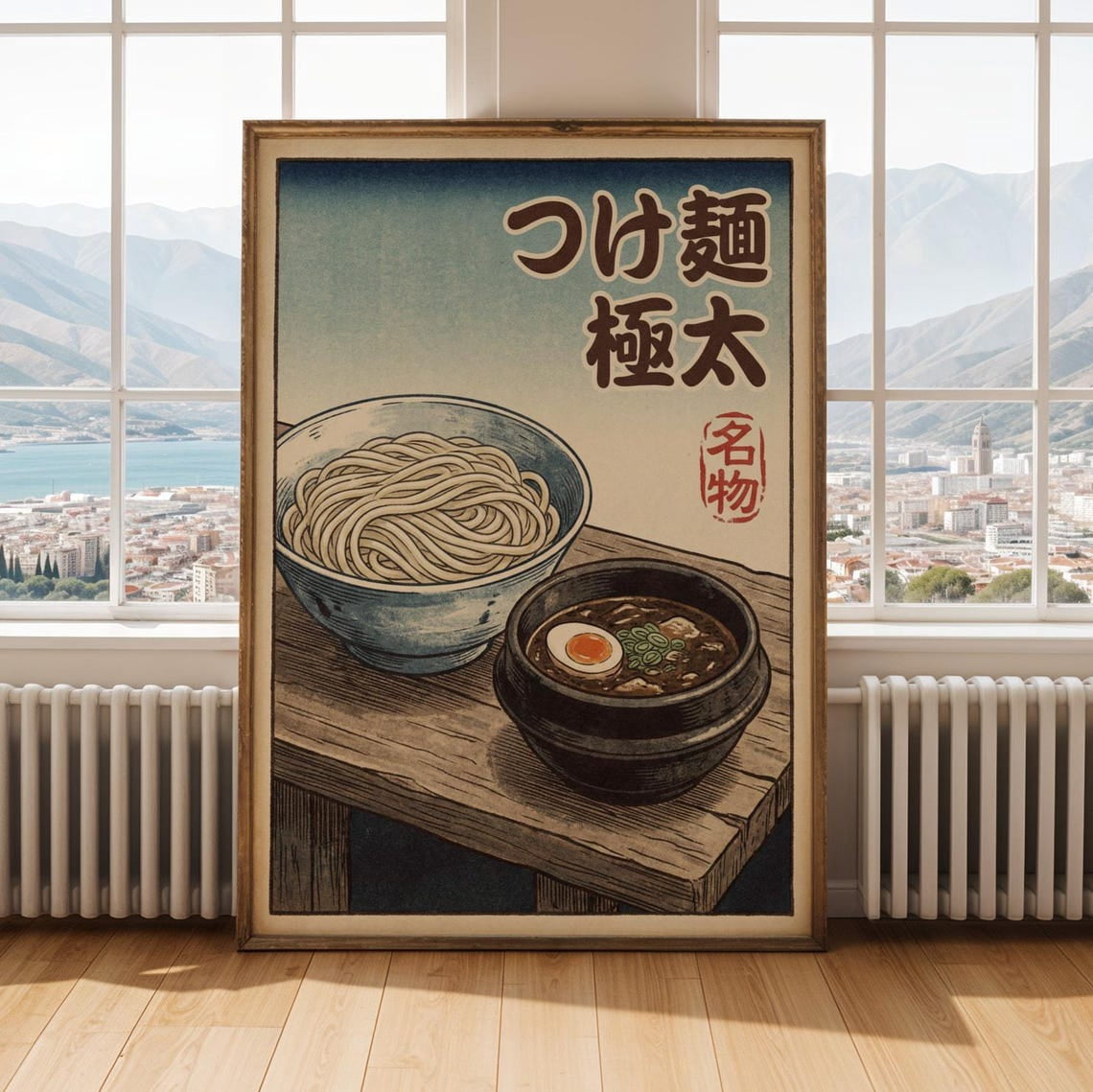 Japanese Tsukemen Wall Art Print, Woodblock Texture, Blue And Teal ...