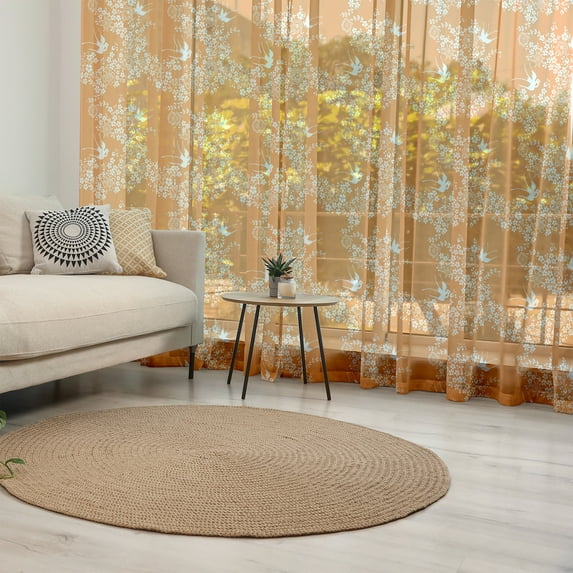 Japanese Tulle Curtains with Rod Pocket, Oriental Floral Japanese Style Flying Birds Pastel Colored Spring Pattern, Sheer Drape for Wedding Party 2 Panels, 7 Sizes, Marigold White, by Ambesonne