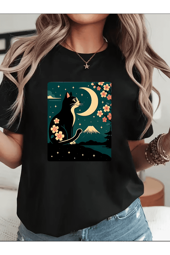 Japanese Tuxedo Cat Moon Sakura Vintage Retro Anime Aesthetic Unisex T-Shirt V10251, up to size 5XL