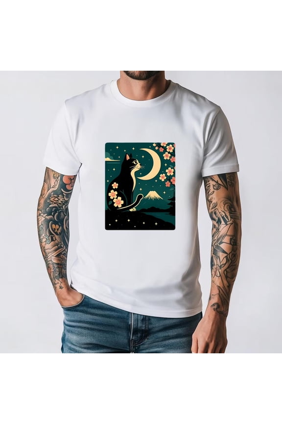 Japanese Tuxedo Cat Moon Sakura Vintage Retro Anime Manga Art Unisex T-Shirt, for men & women, up to size 5XL.