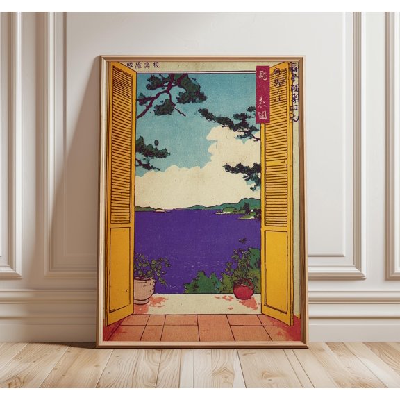 Japanese Ukiyo-e Ocean View Print, Coastal Terrace Art, Poster Only