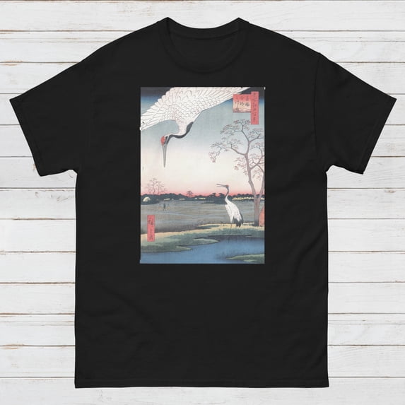 Embossed Caligraphy Japanese Ukiyo-e T Shirt Woodblock Art Crane Bird Edo Hiroshige Utagawa ...