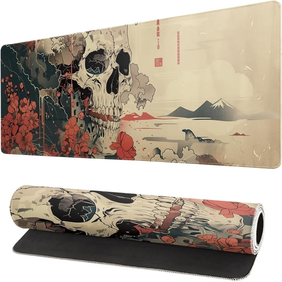 Japanese Ukiyo-e XL Anime Big Mouse Pads Large Skull Gaming Mouse Pad for Men Desk Pad with Stitched Edges Non-Slip Large Computer Mat, 31.5x11.8 in