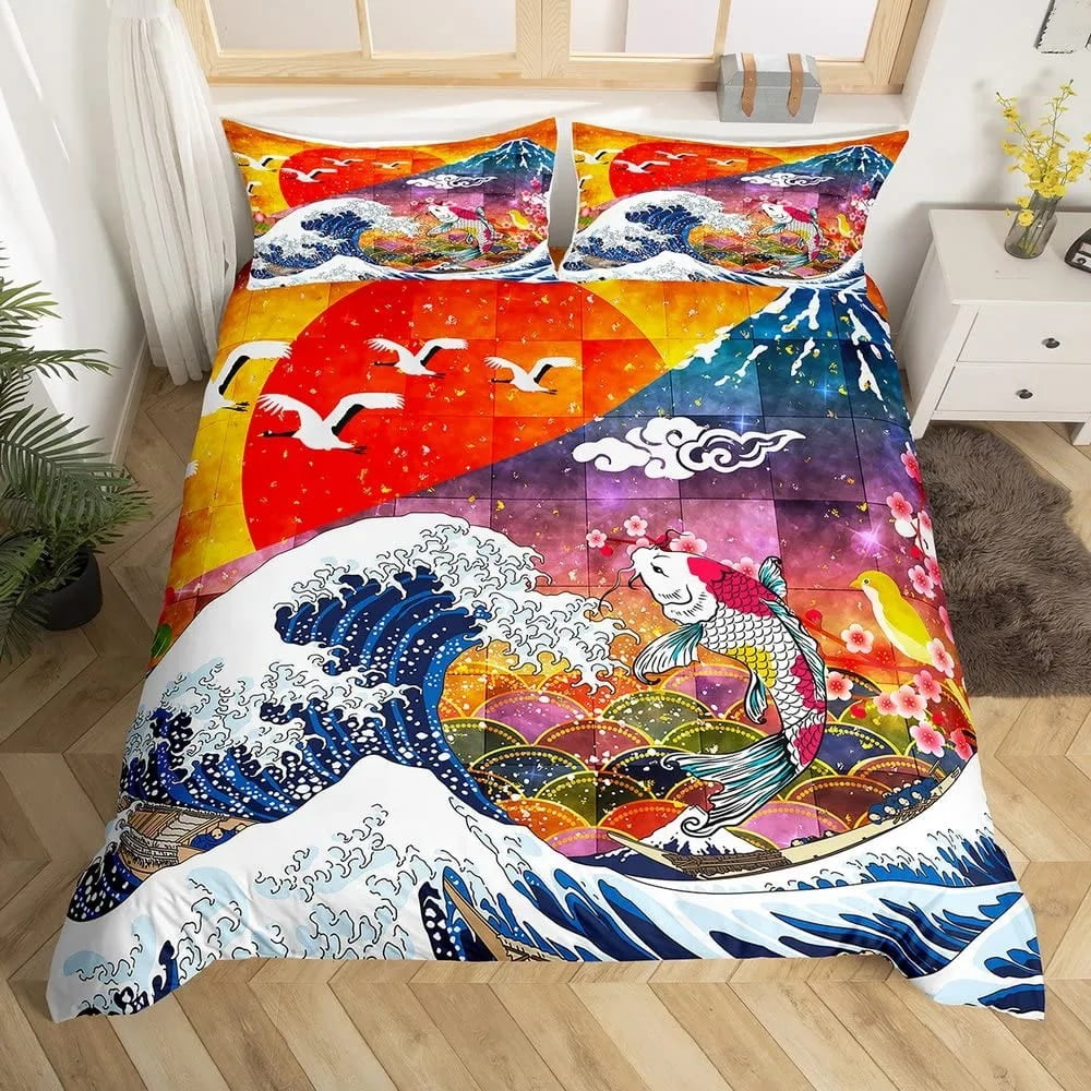 Japanese Ukiyoe Duvet Cover Set Hokusai Pattern Bedding Set Watercolor