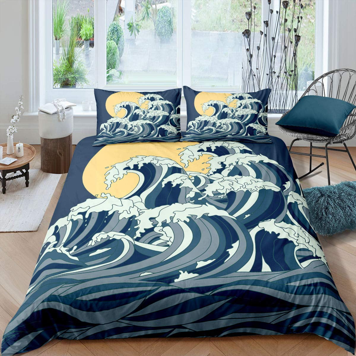 Japanese Ukiyoe Duvet Cover Set Hokusai Pattern Bedding Set Watercolor