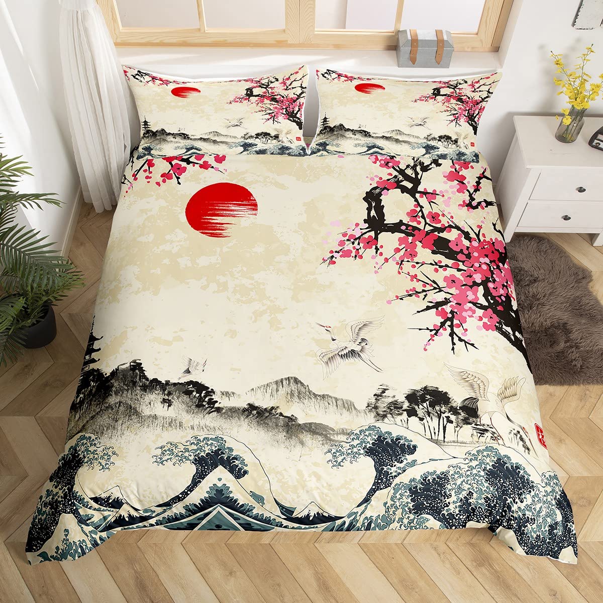 Japanese Ukiyoe Duvet Cover Set Hokusai Pattern Bedding Set Watercolor