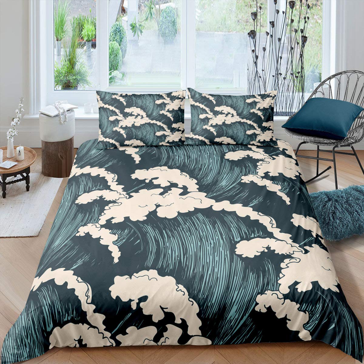 Japanese Ukiyoe Duvet Cover Set Hokusai Pattern Bedding Set Watercolor