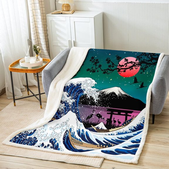 Japanese Ukiyoe Hokusai Plush Blanket - Green Sherpa Fleece with Waves, Crane, Moon Pattern - Breathable, Warm, Fuzzy - 30"x40" - Bed, Sofa, Couch, Room Decor, Baby