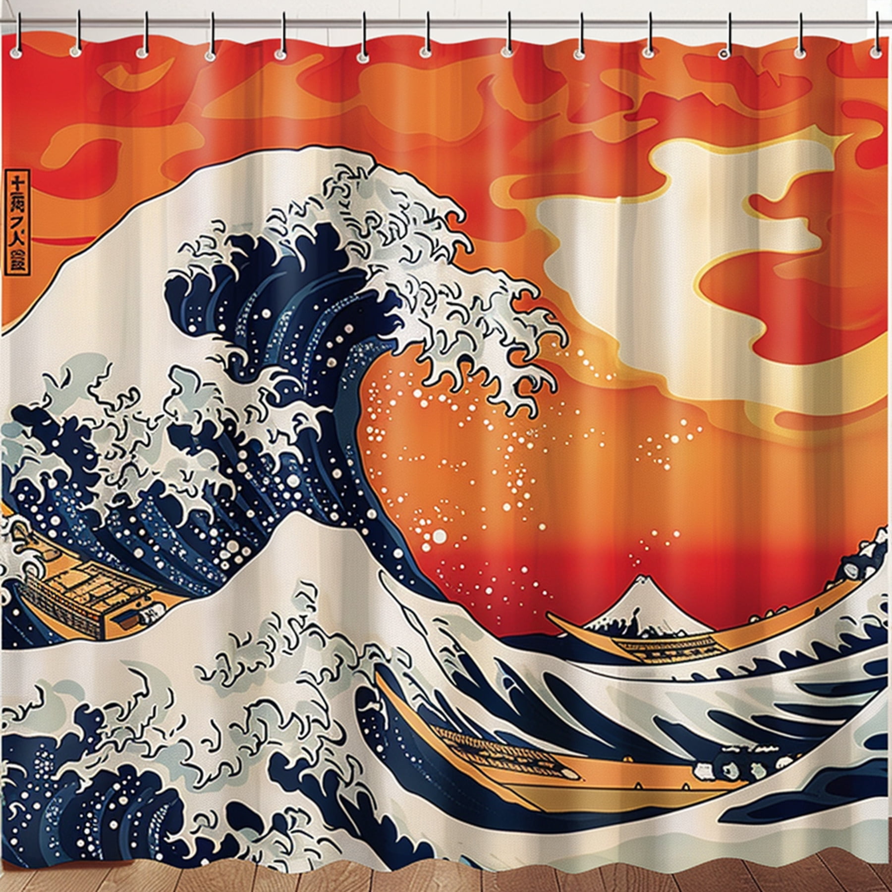 Japanese Ukiyoe Inspired Shower Curtain Vibrant Orange and Red Design