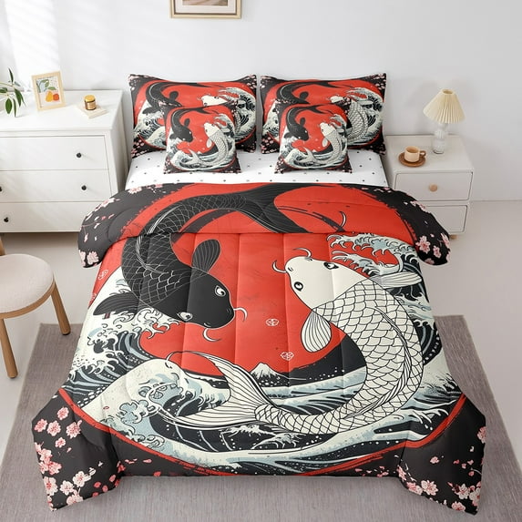 Japanese Ukiyoe Koi Fish Full Comforter Set 7 Piece,Ocean Surfing Bedding Set Gossip Koi Fish Cherry Blossom Bed In A Bag Exotic Koi Animal Sakura Floral Bed Set