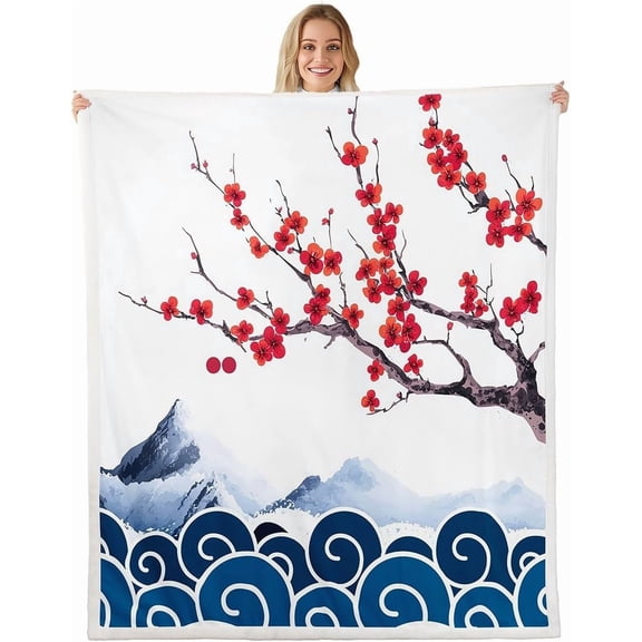 Japanese Ukiyoe Plush Fleece Blanket - Hokusai Fuji Mountain Cherry Sherpa - Microfiber Warm Fuzzy Blanket - Room Decor - Baby - 30"x40"