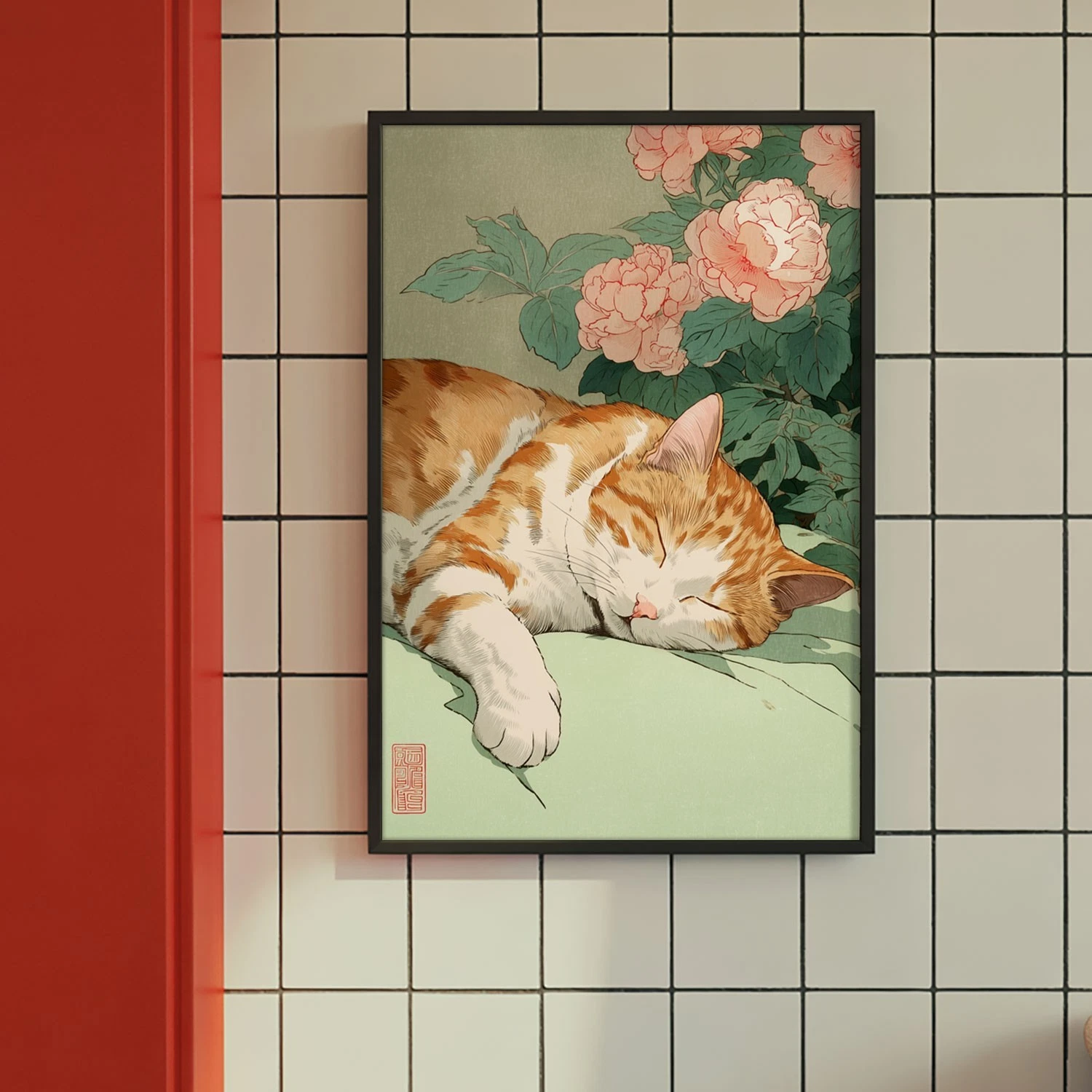 Japanese Ukiyoe Tabby Cat Poster Sleeping Wall Art Decor , Matte Canvas ...