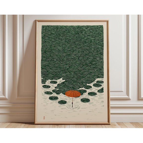 Japanese Umbrella Minimal Wave Pattern Green Cream Wall Art Print, Unframed Paper Poster 8x10in