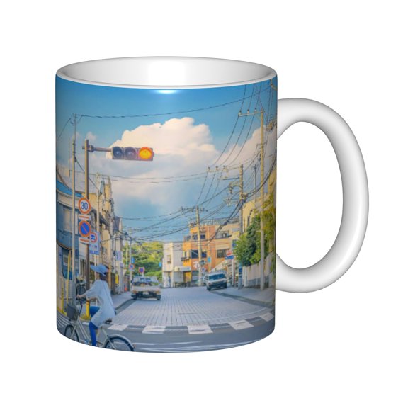 Japanese Urban Street Scene Printed All-White 11oz Coffee Mug, Scenic Cityscape Ceramic Cup for Daily Use & Gift