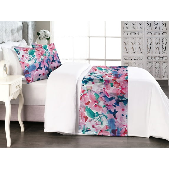 Japanese Vibes Bed Runner Set, Wild Jungle Theme Watercolor Sakura Pattern Bohemian Print, Decorative Bedding Scarf & 2 Pillow Shams for Hotels Homes, King, Pale Pink Hot Pink Quartz, by Ambesonne